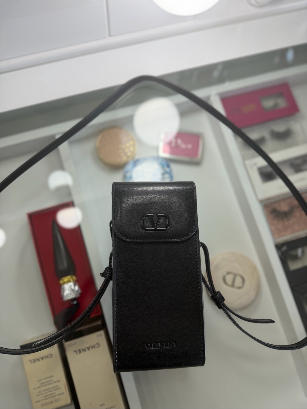 Valentino Black Leather Vertical Crossbody Phone Pouch